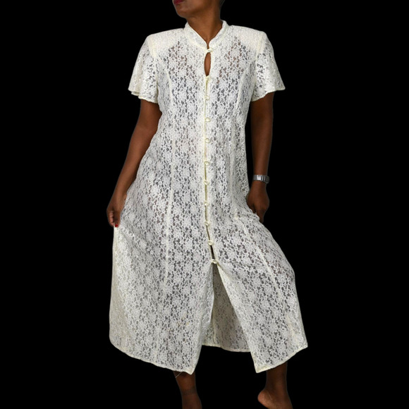 Vintage Lace Midi Dress White Ivory Button Front 80s Sheer Corset Lacing Medium - Picture 11 of 16